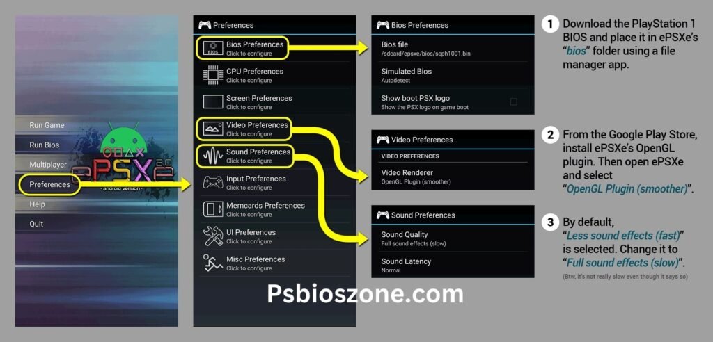 Launch ePSXe Go to Preferences BIOS File Select extracted BIOS file.